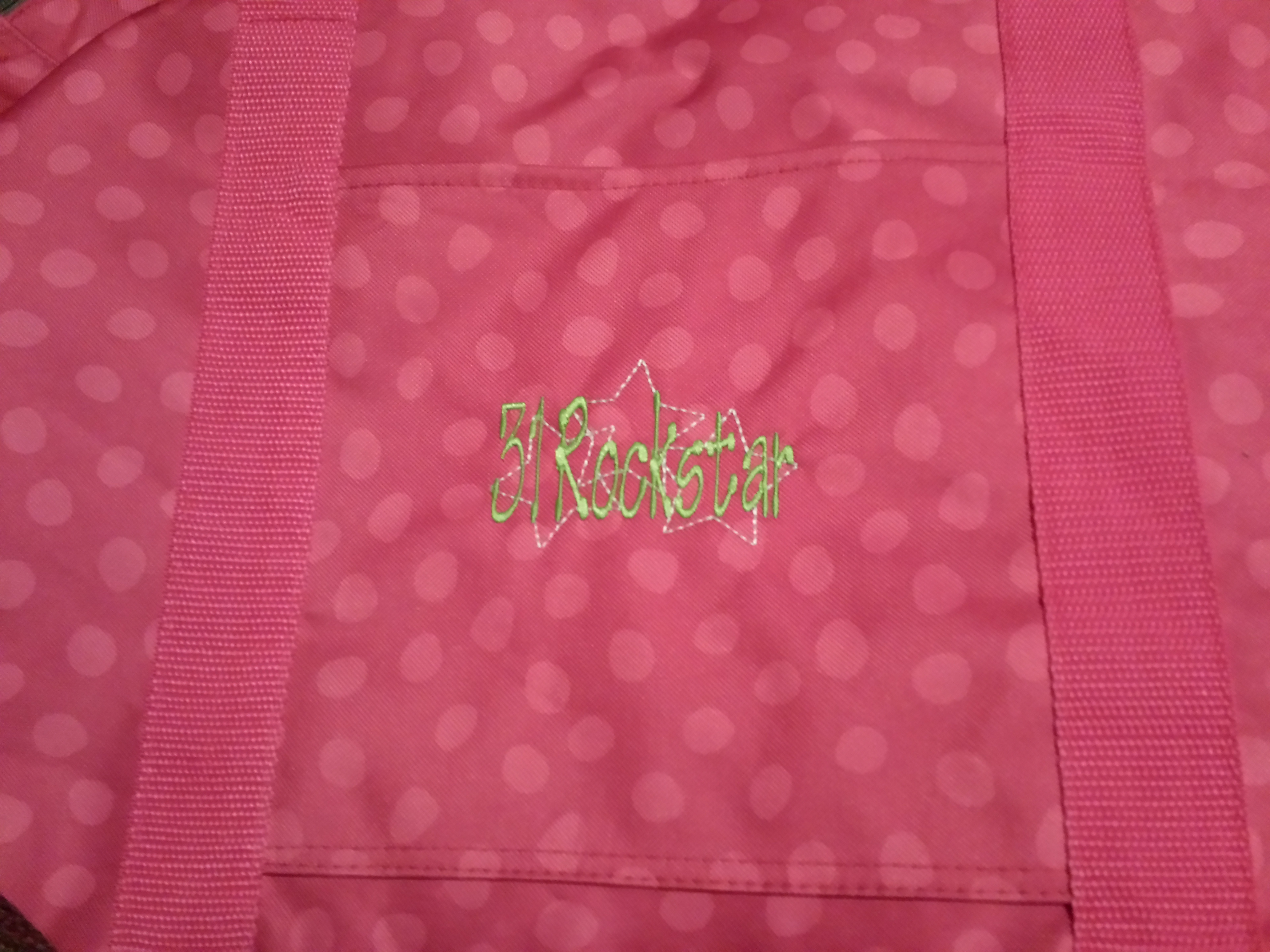 jr Rec duffle- Pink Lotsa Dots with stars and 31 rockstars embroidered